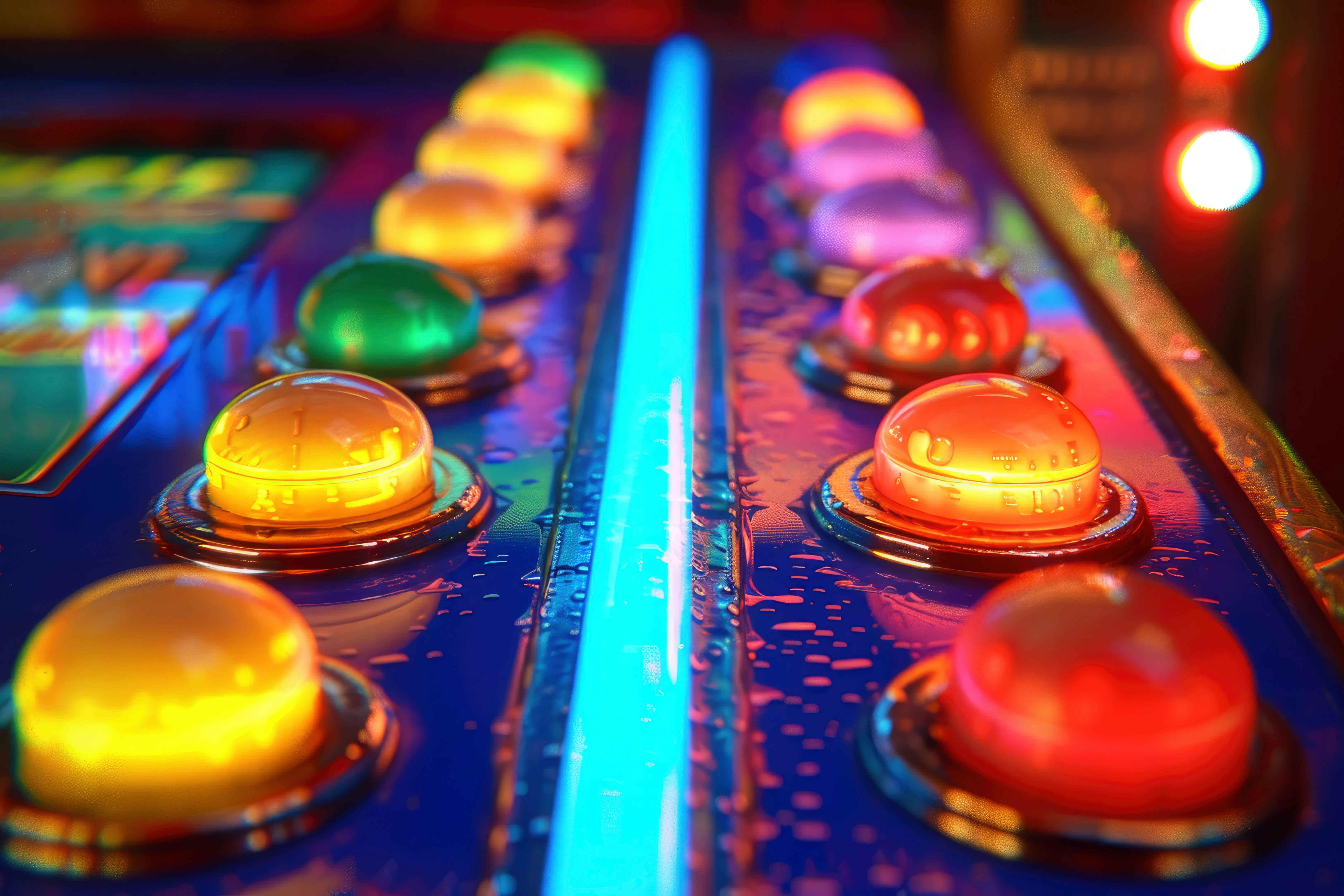 Close view of glowing buttons and lights on a gaming cabinet